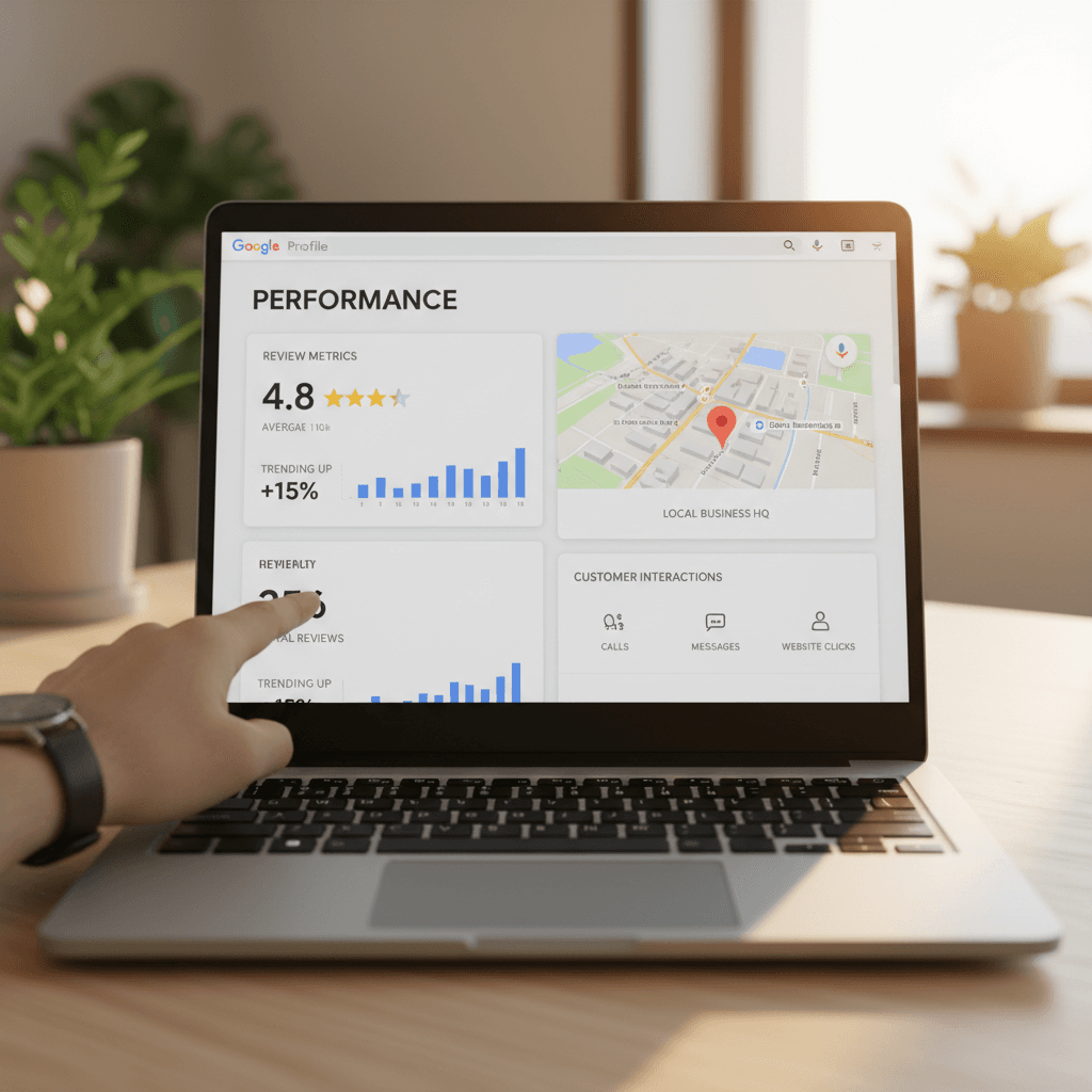 Google Business Profile dashboard showing business metrics and location on a laptop screen